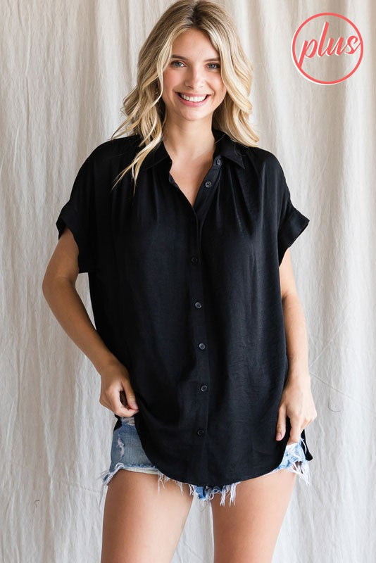 Curvy Short Sleeve Button Down Dressy Top