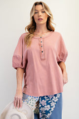 Mauve Mineral Wash Top with Dolman Puff Sleeves