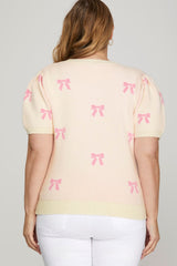 Curvy Off White Puff Sleeve Sweater with Pink Bows