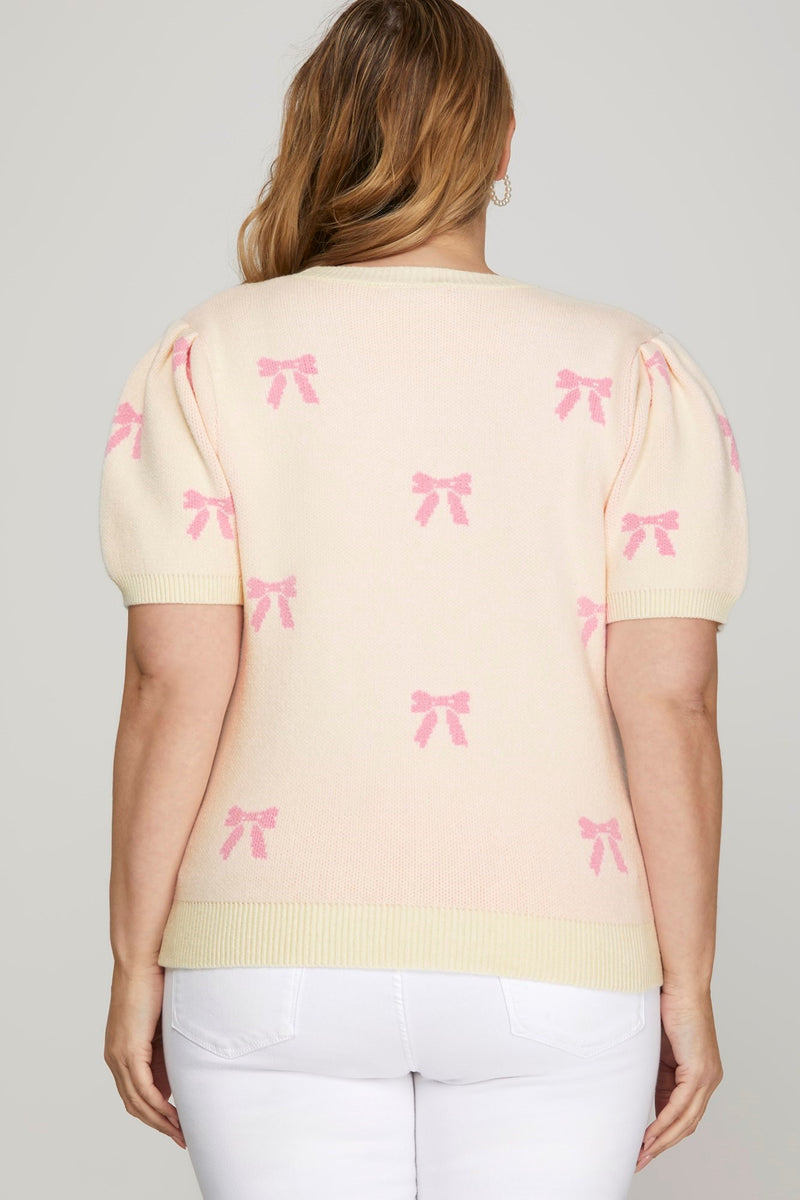 Curvy Off White Puff Sleeve Sweater with Pink Bows