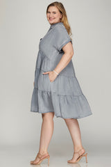 Curvy Chambray Tiered Collared Dress