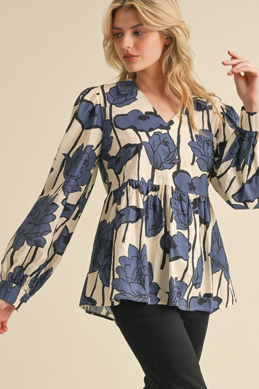 Cream and Blue Floral Print Collared Top