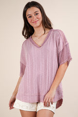 Oversized Contrast Knit V-Neck Hi-Lo Shirt