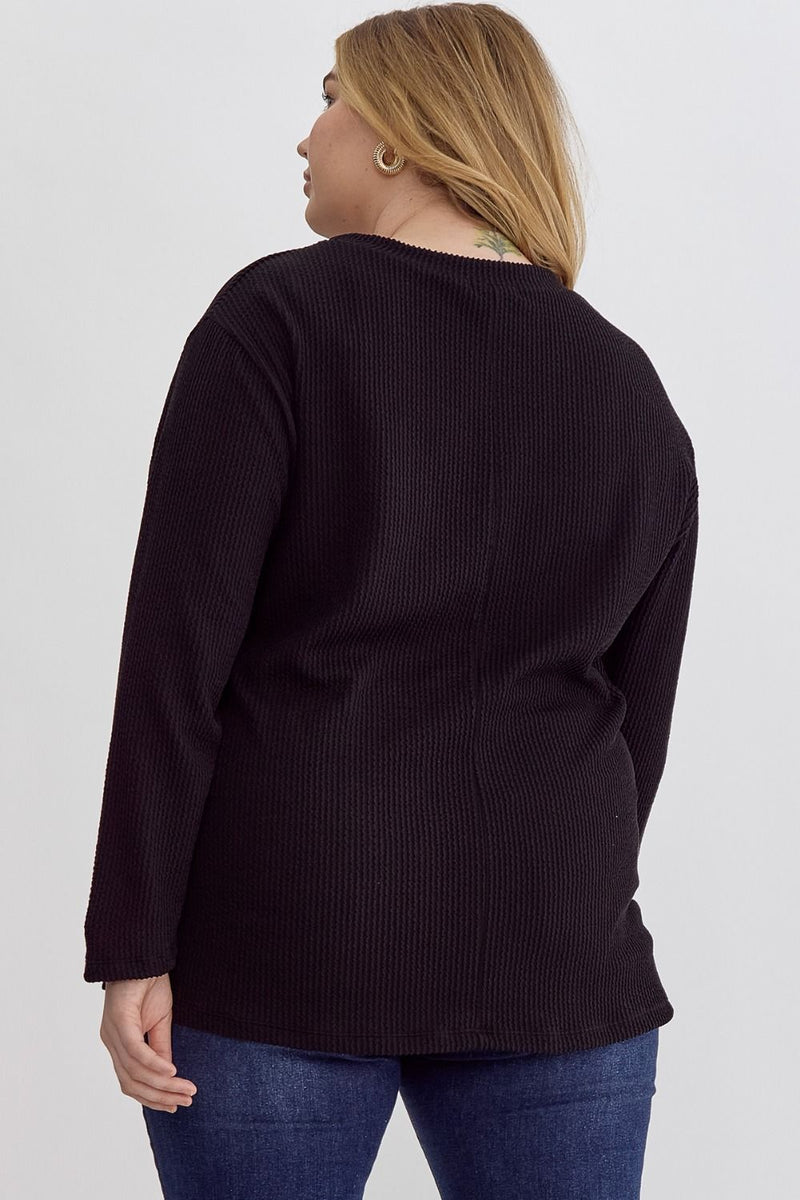 Curvy Ribbed Dolman Sleeve Pocket Detail Top