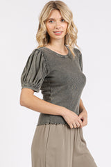 Charcoal Mineral Wash Puff Shoulder Sleeve Top