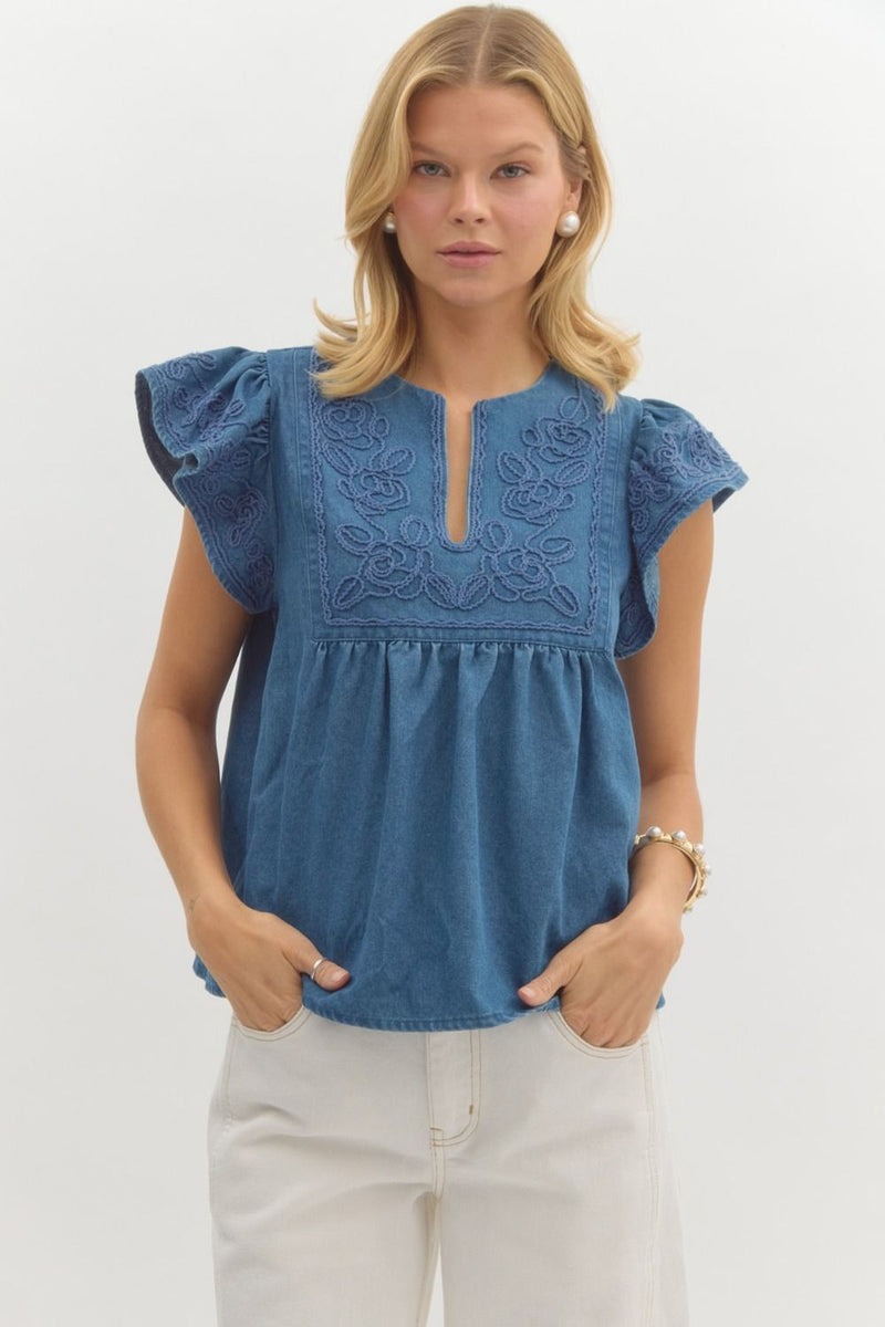 Denim Embroidered Flutter Sleeve Top