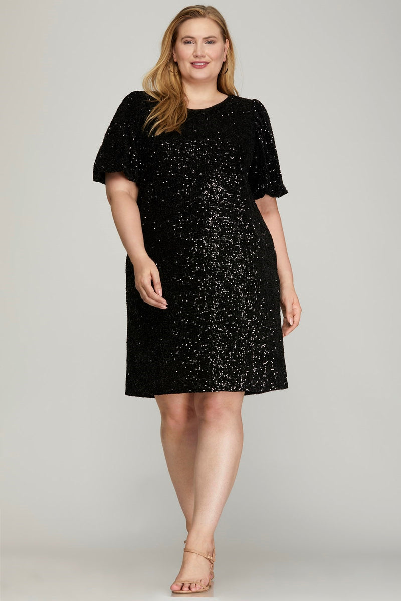 Curvy Black Sequin Bubble Sleeve Dress