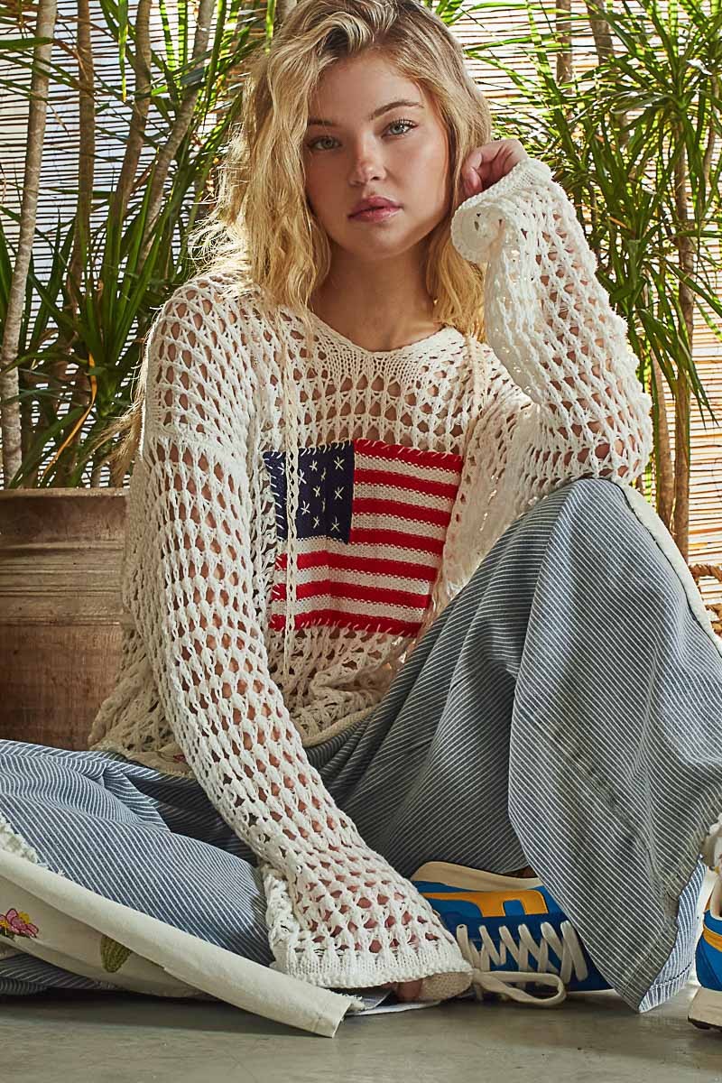 White American Flag Chunky Knit Top with Hood