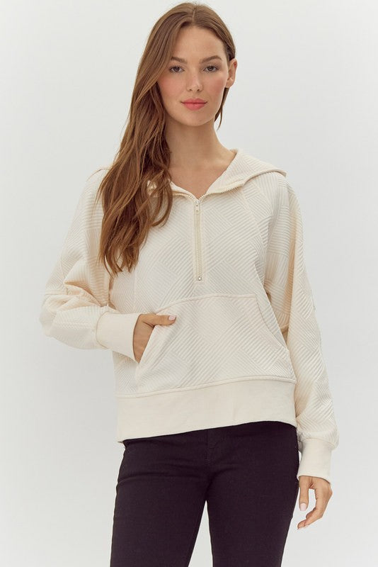 Ivory Quilted Quarter Zip Hooded Top