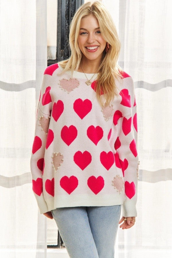 White Sweater with Hot Pink and Brown Hearts with Pearl Accents