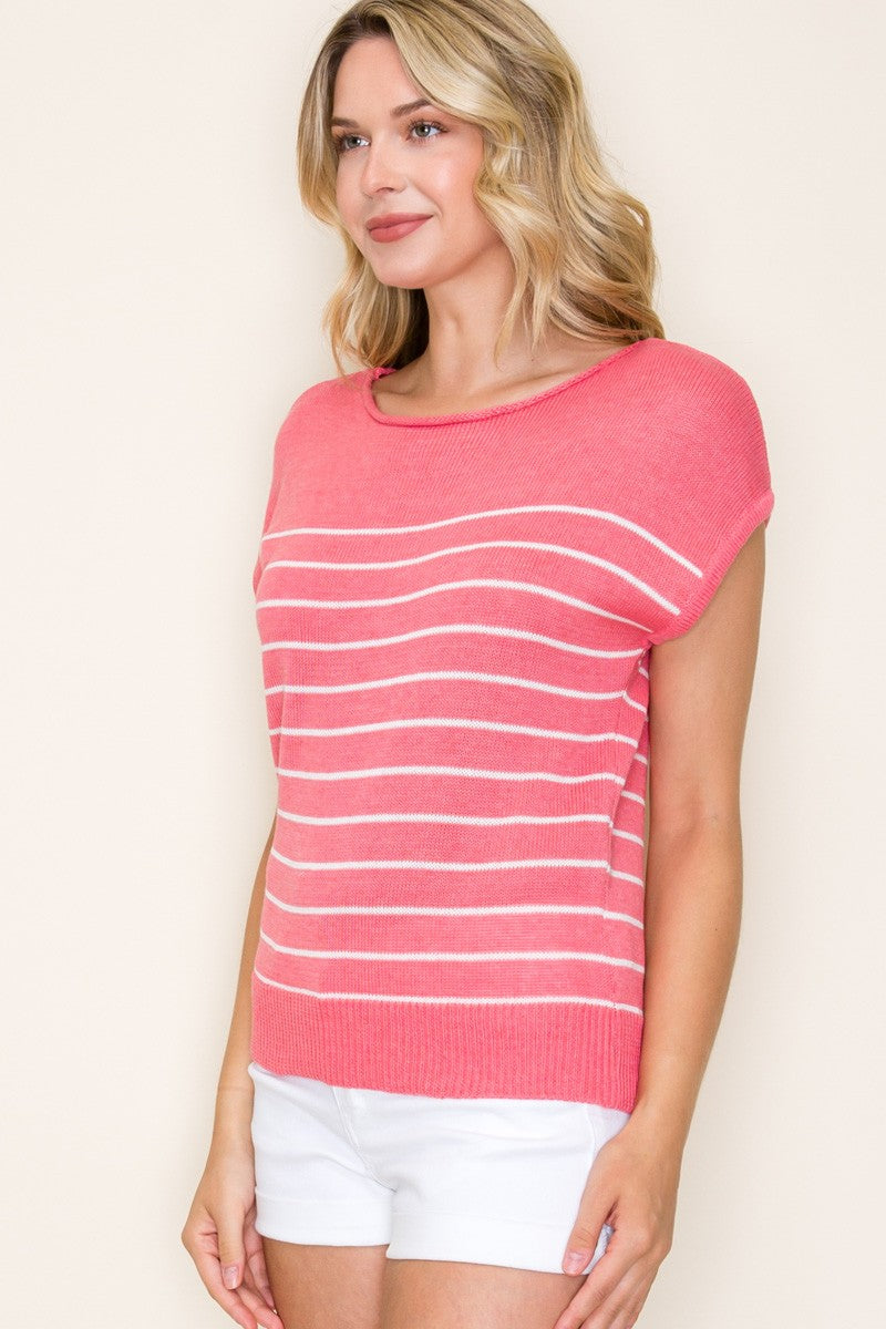 Coral Boat Neck Striped Sweater