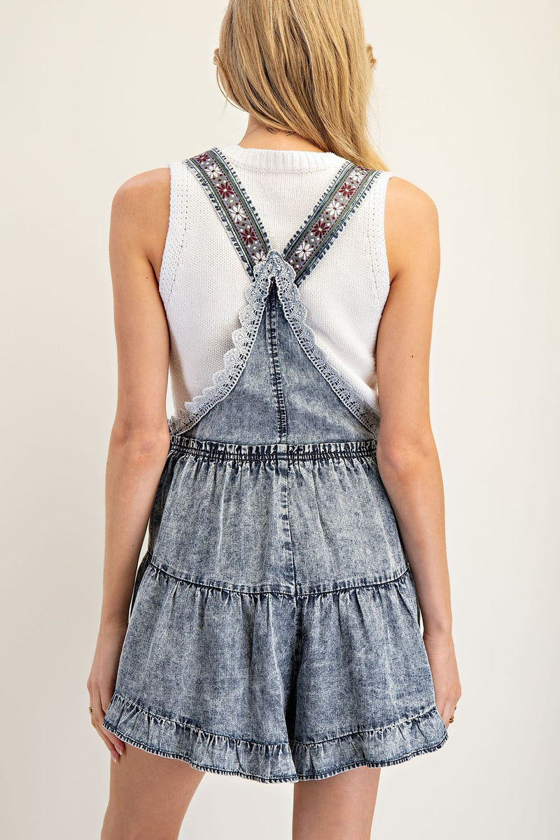 Denim Washed Lace Romper with Floral Straps