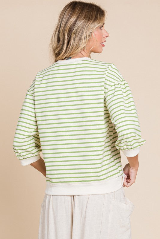 Lime and White Striped Top with 3/4 Sleeve