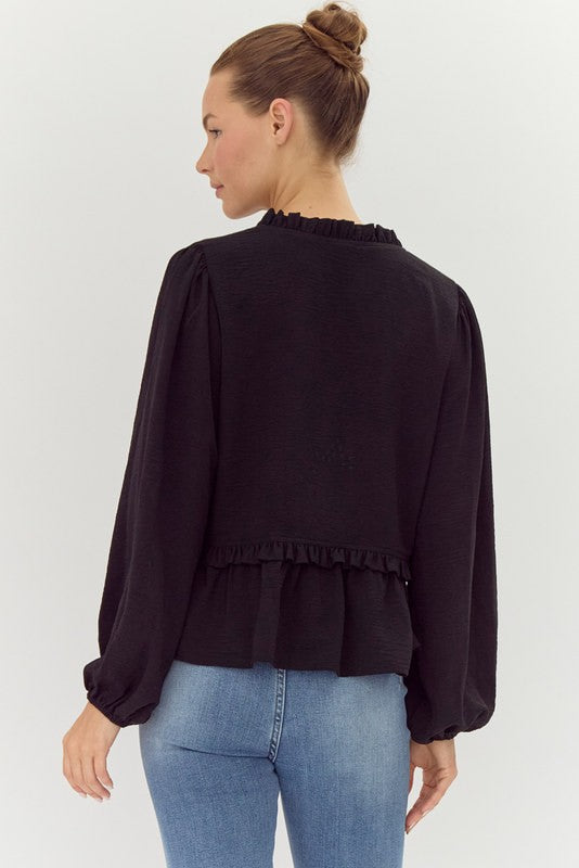 Black Ruffle Detailed Tie Front Top