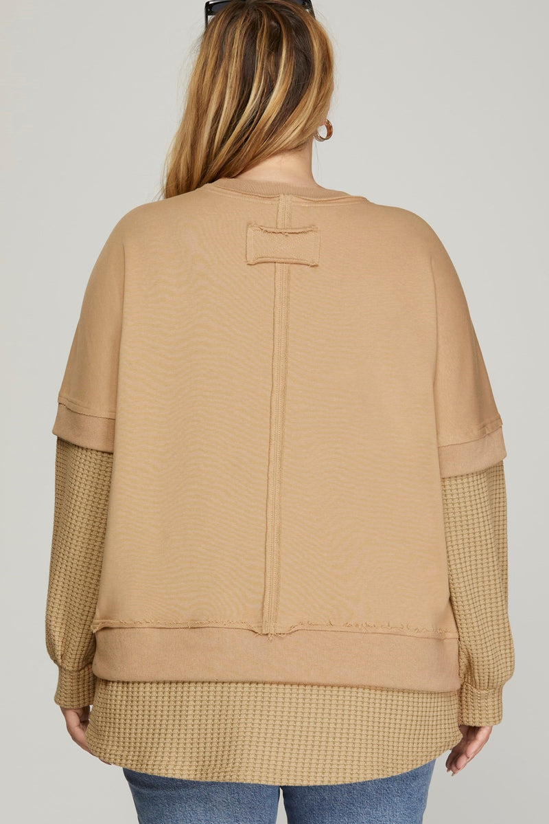 Basic Terry  Waffleknit Contrast Crewneck Top