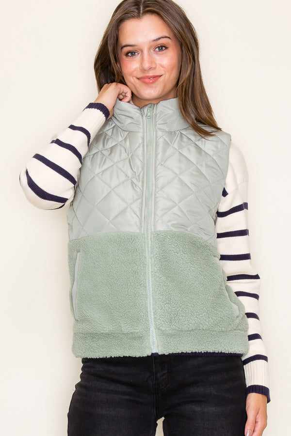 Sage Quilted Sherpa Detail Vest