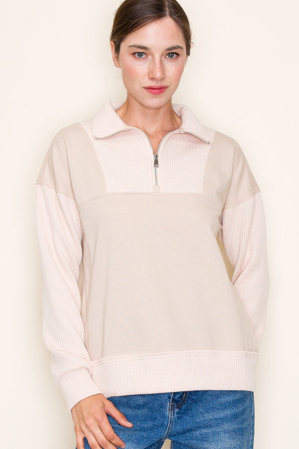 Oatmeal Ribbed Detail Quarter Zip Top