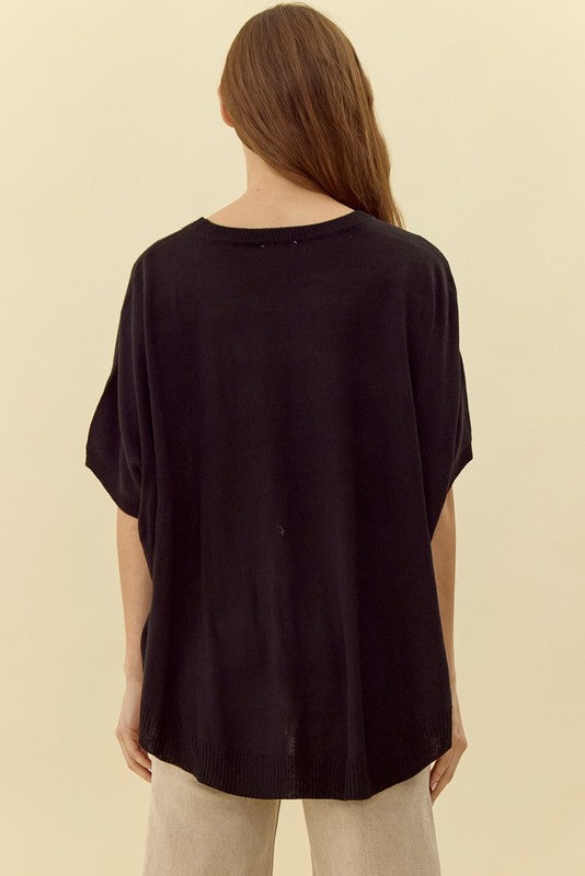 Black Short Sleeve Drop Shoulder Sweater