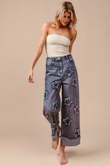 Denim Washed Wide Leg Star Patched Jeans