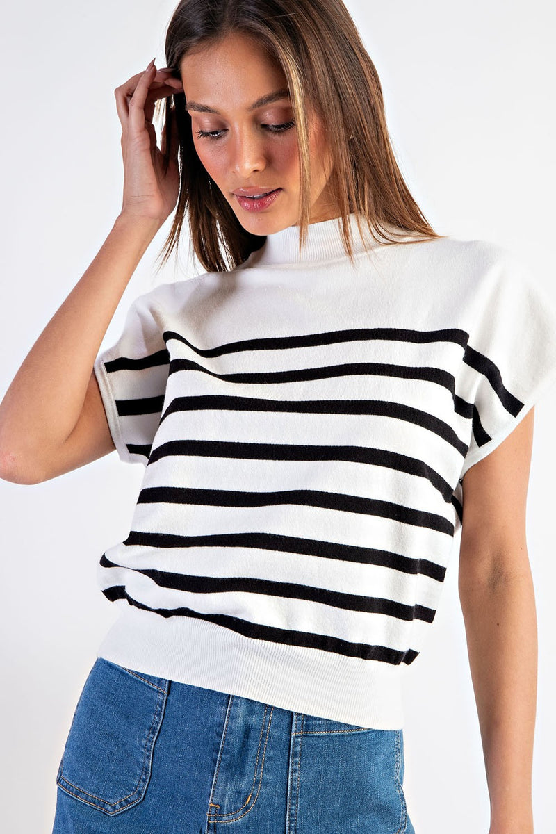 Striped Mock Neck Sleeveless Top