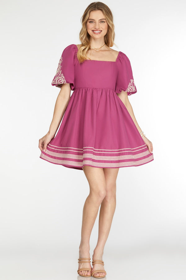 Magenta Puff Sleeve Embroidered Dress