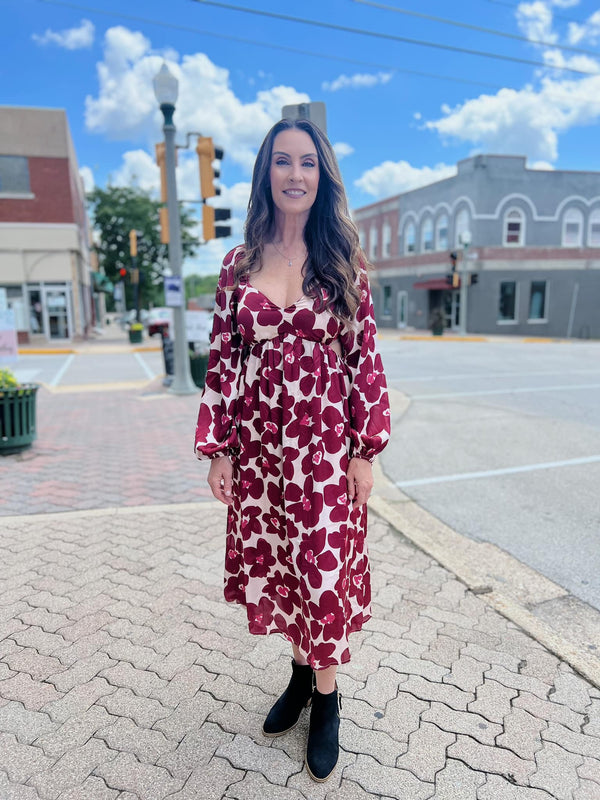 Large Flower Cut Out Dress Wine