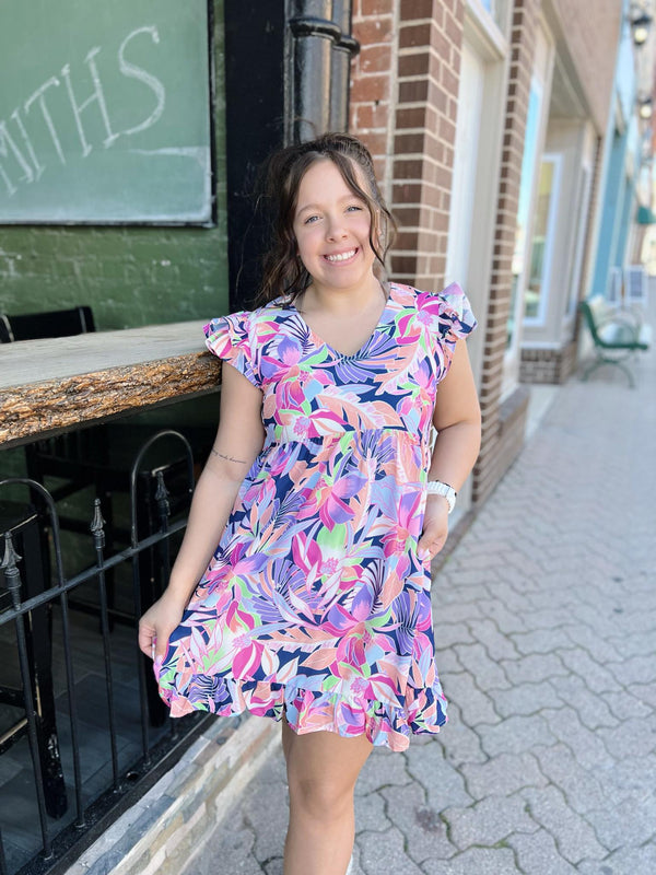 Lavender Mix Tropical Cap Sleeve Dress