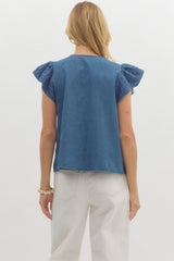 Denim Embroidered Flutter Sleeve Top