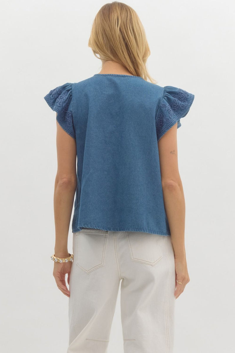 Denim Embroidered Flutter Sleeve Top