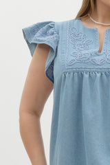 Curvy Ruffle Sleeve Top With embroidery