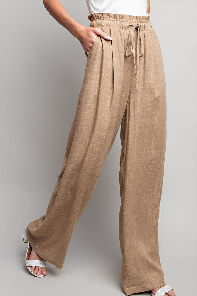 Linen Drawstring Waist Wide Leg Pants