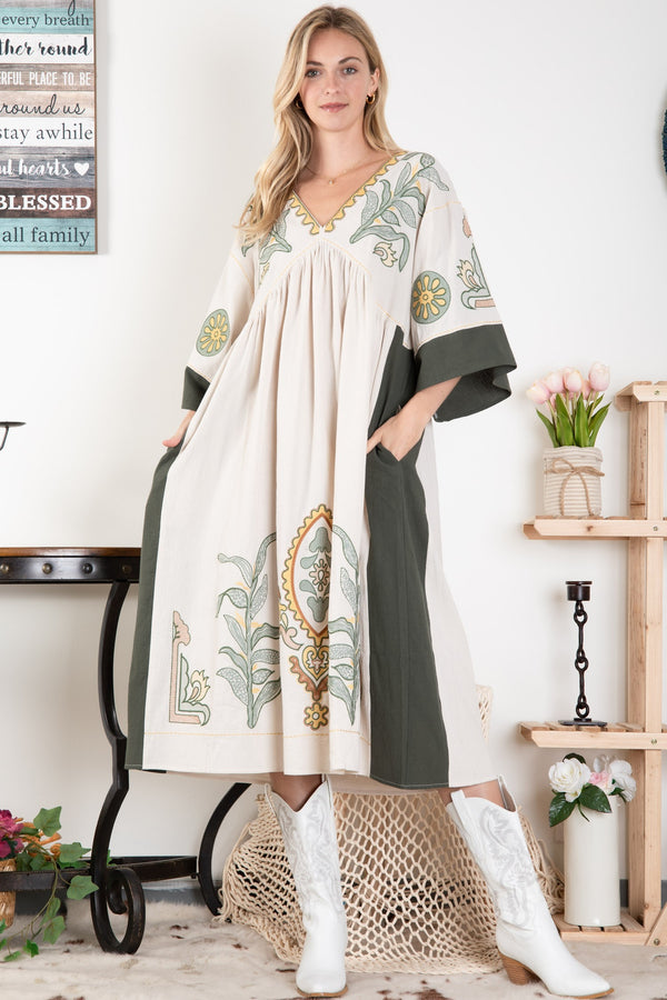 Linen Embroidered Maxi Dress