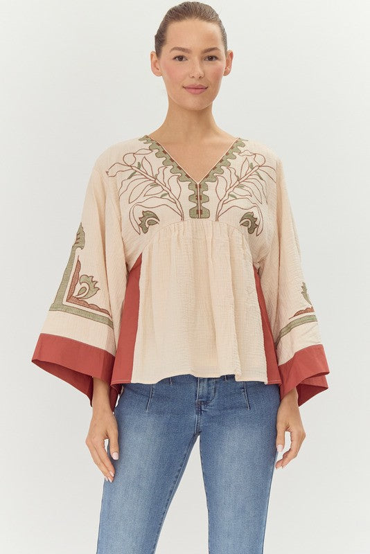 Cream Wide Sleeve Embroidered Top