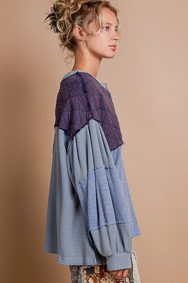 Blue Mixed Material Wide Balloon Sleeve Top