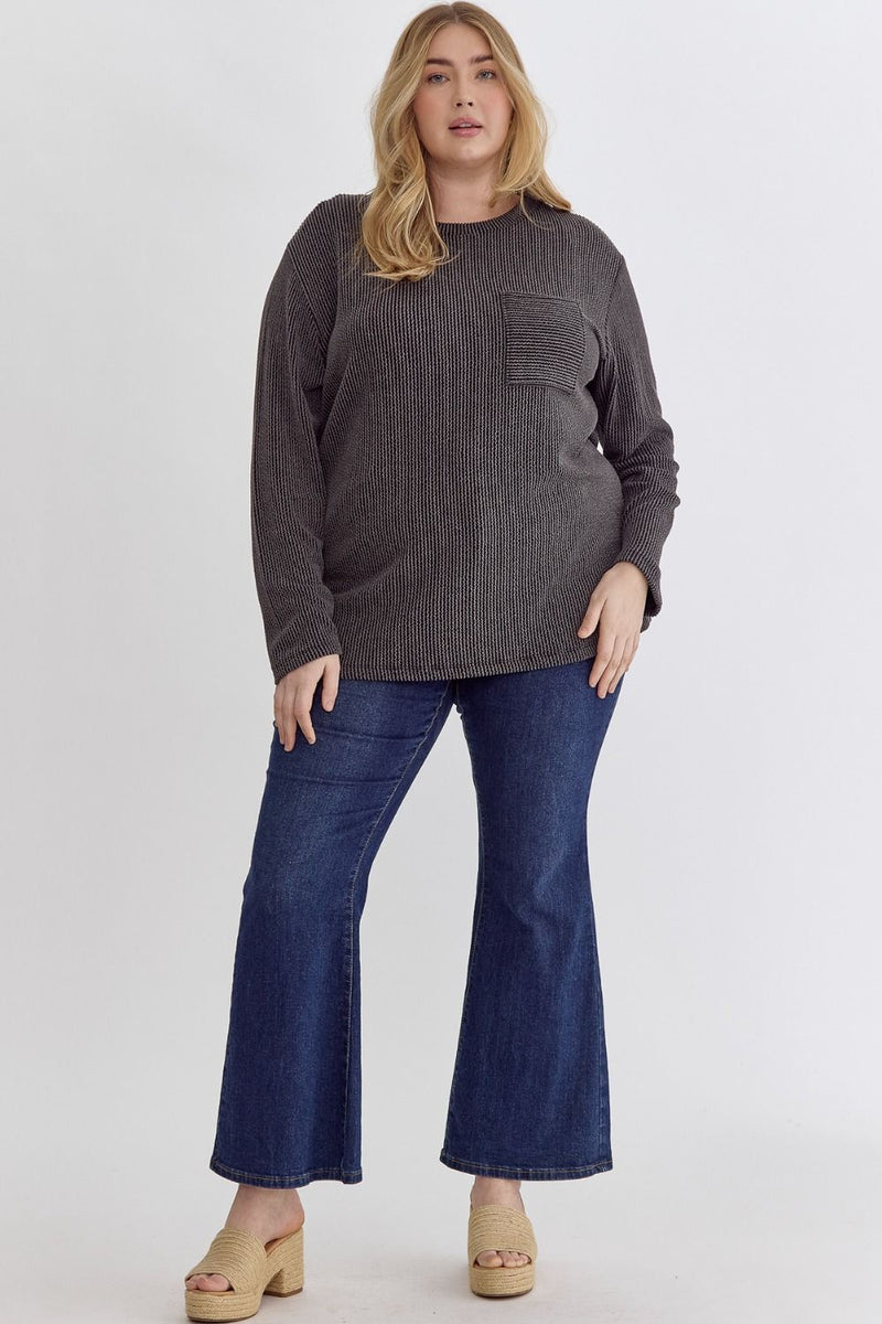 Curvy Ribbed Dolman Sleeve Pocket Detail Top