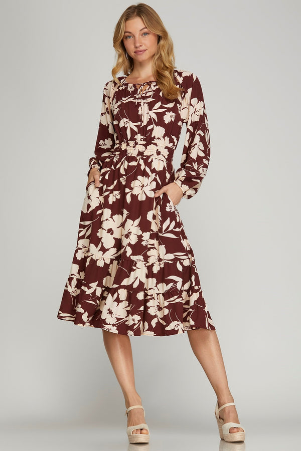 Burgundy Floral Long Sleeve Tiered Midi Dress