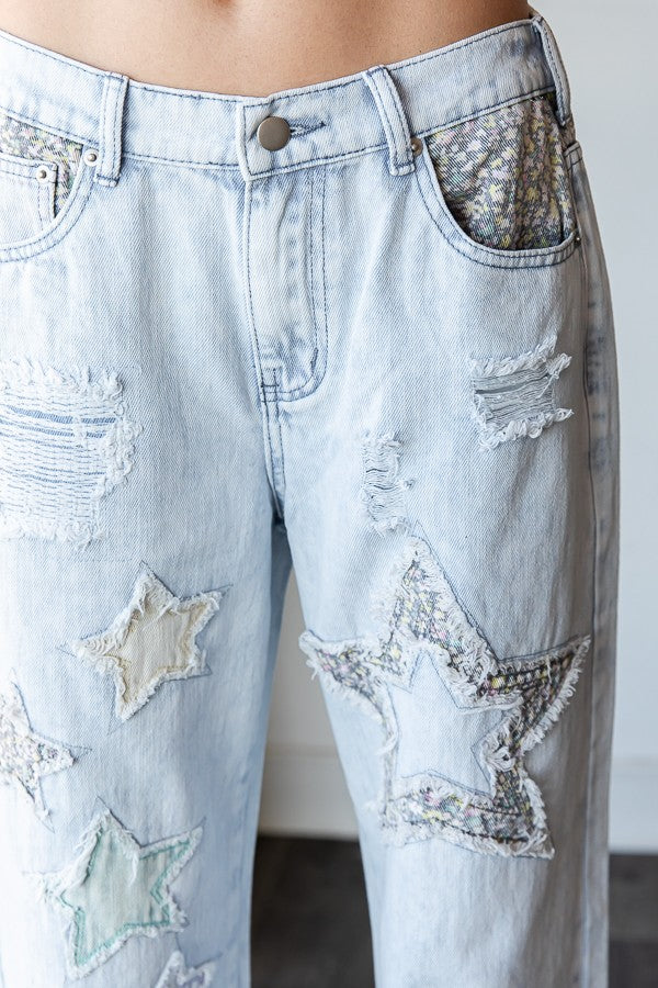 Washed Denim Pants with Distressing and Patches