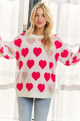 White Sweater with Hot Pink and Brown Hearts with Pearl Accents