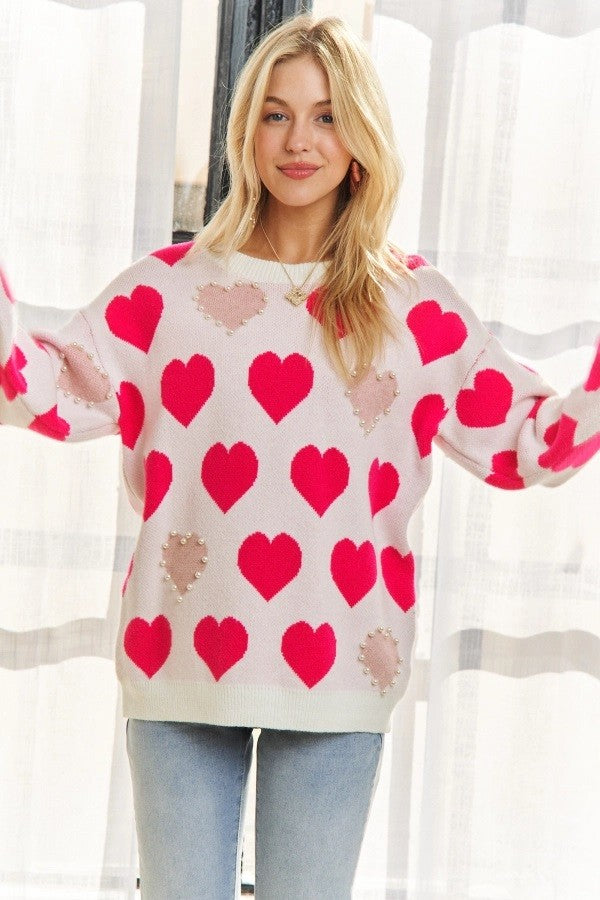 White Sweater with Hot Pink and Brown Hearts with Pearl Accents