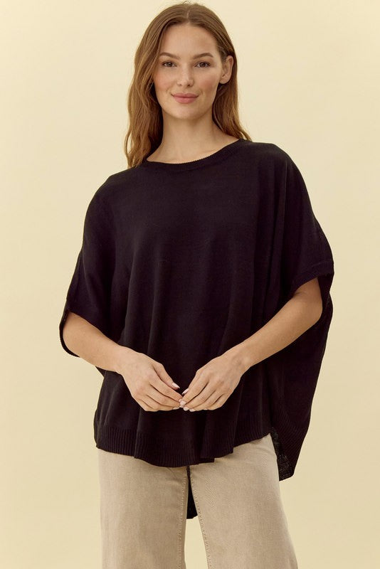 Black Short Sleeve Drop Shoulder Sweater