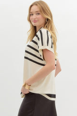 Cream Oversized Striped Short Sleeve Sweater