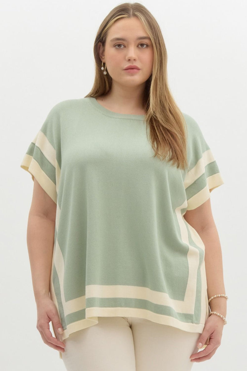 Curvy Knit Top With Striped Detail