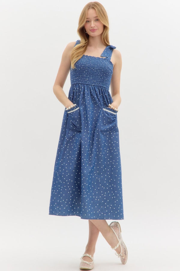 Denim Blue Maxi Dress With Polka Dots