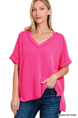 Ribbed Cuff V-Neck Tee