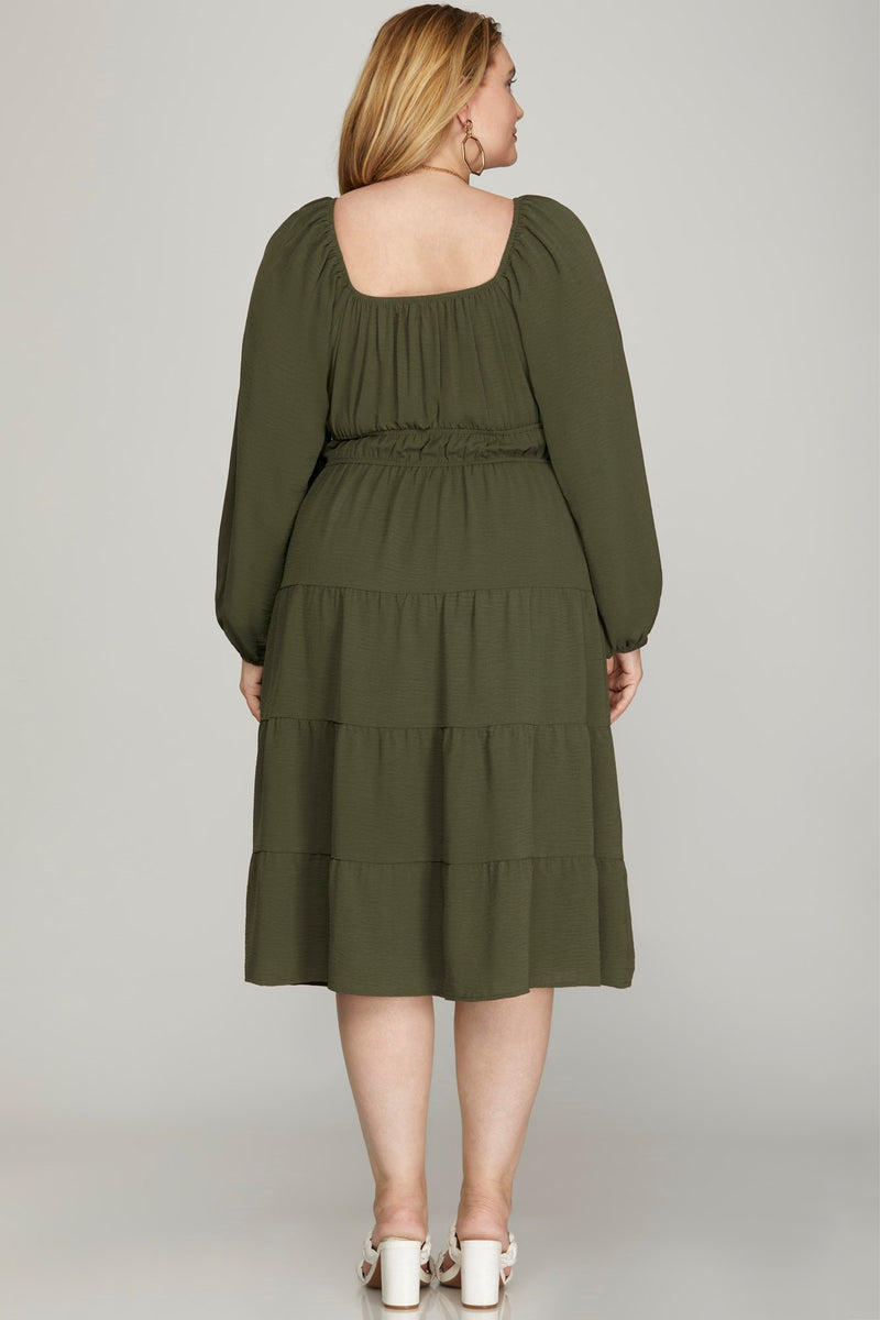 Plus Olive Tiered Balloon Sleeve Midi Dress