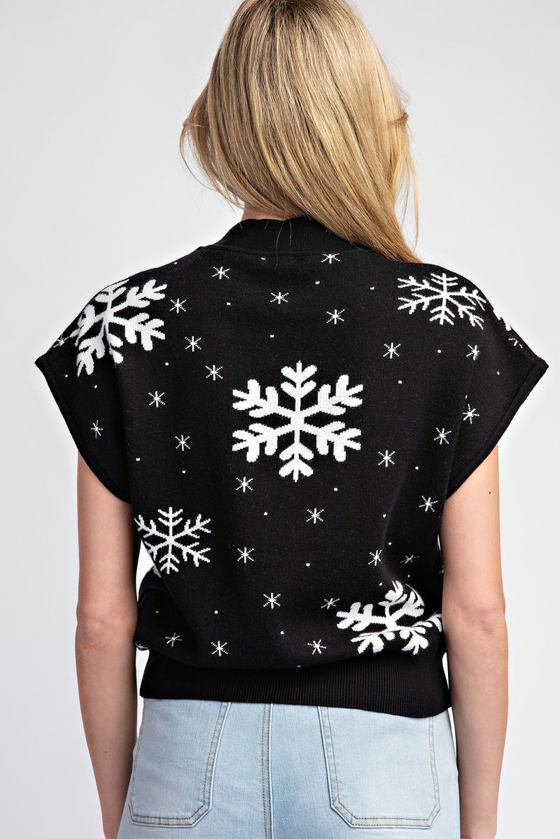 Black Mock Neck Sleeveless Top with White Snowflakes