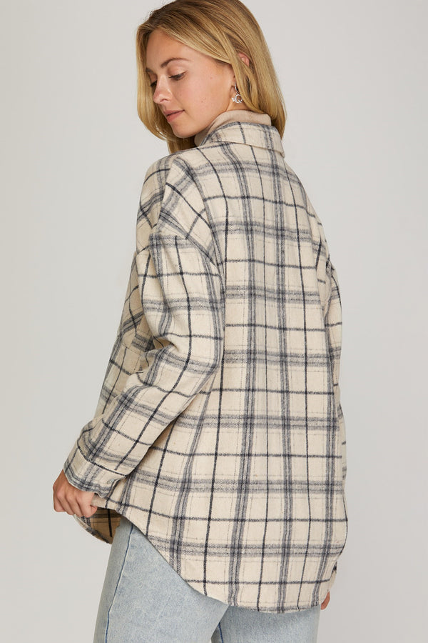 Ecru Plaid Front Pocket Shacket