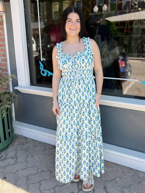 White Floral Maxi Dress With Bow Ties