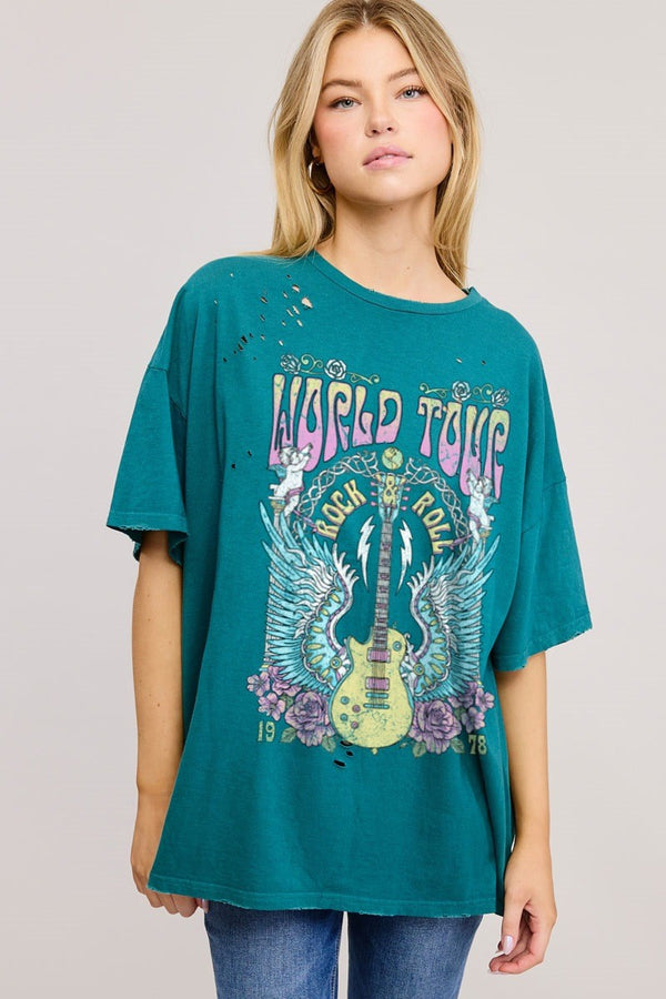 World Tour Rock and Roll Distressed Graphic Tee