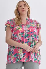 Curvy Pink Floral Smocked Detail Top